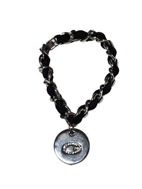 Guess Crystal Two Tag Charm Bracelet Black Suede Leather Silver Tone Wrap Women